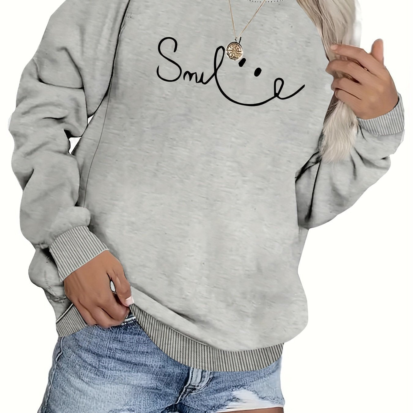 Damen Sweatshirt Lässiger Schriftzug Baumwolle Beige