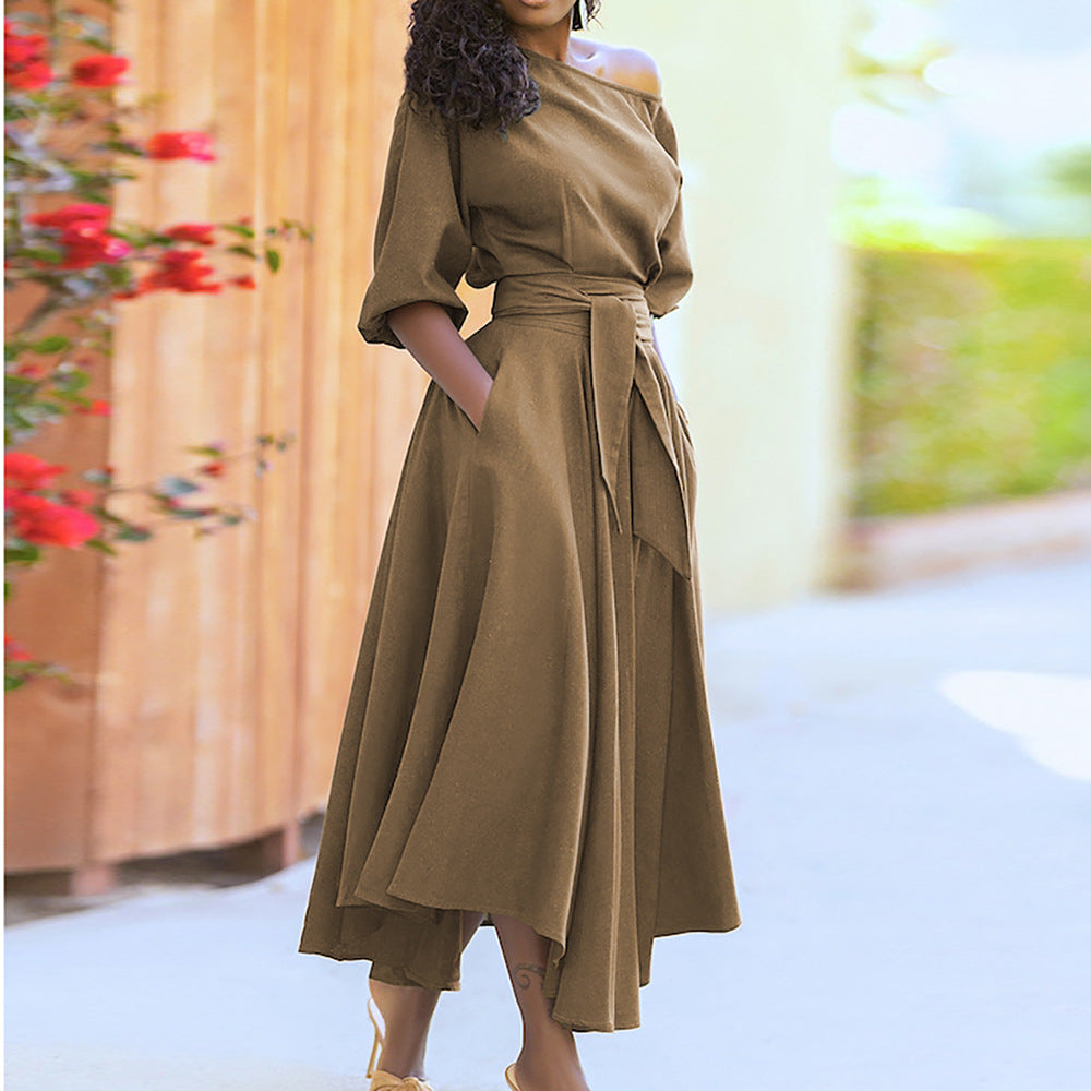 Damen Maxi-Kleid Asymmetrisch Mit Taschen Eveloria