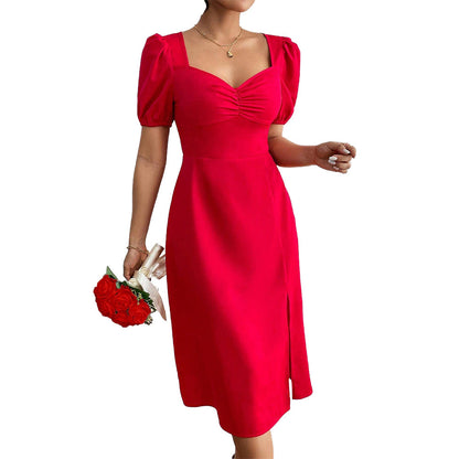 Damen Midi-Kleid Puffärmel Seitenriss Eveloria