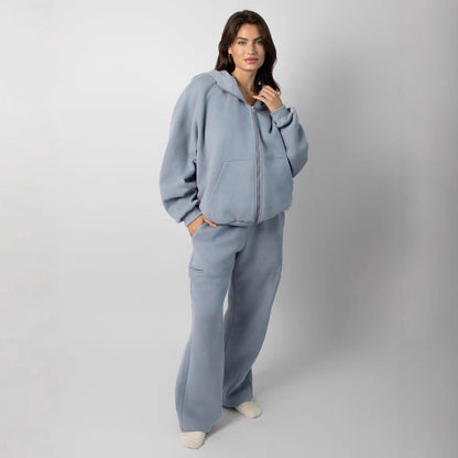 Damen Hoodie Jogginghose Set aus Fleece mit Taschen Beige
