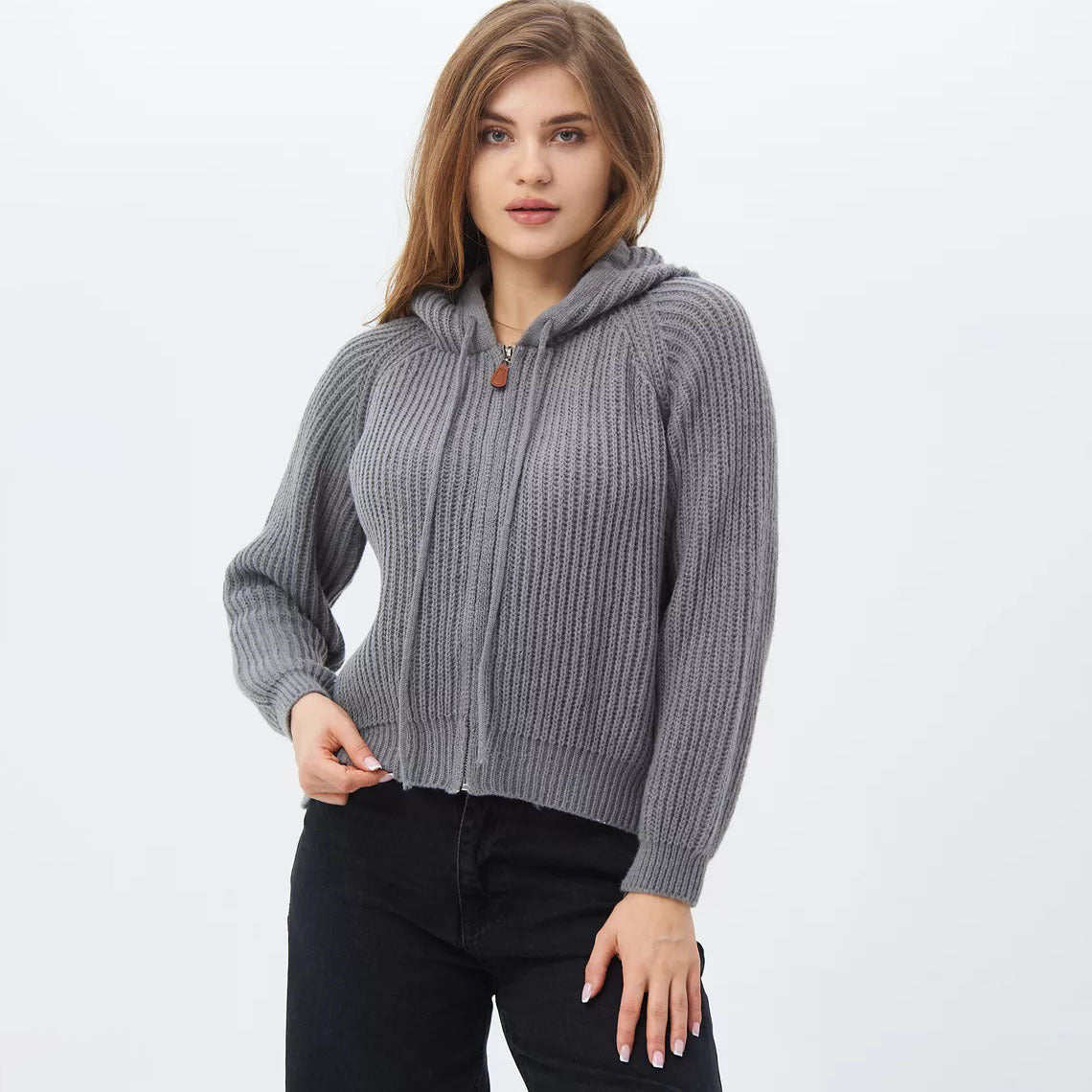 Damen Hoodie Weiches RippstrickMaterial Mit Kordelzug Schwarz - Eveloria