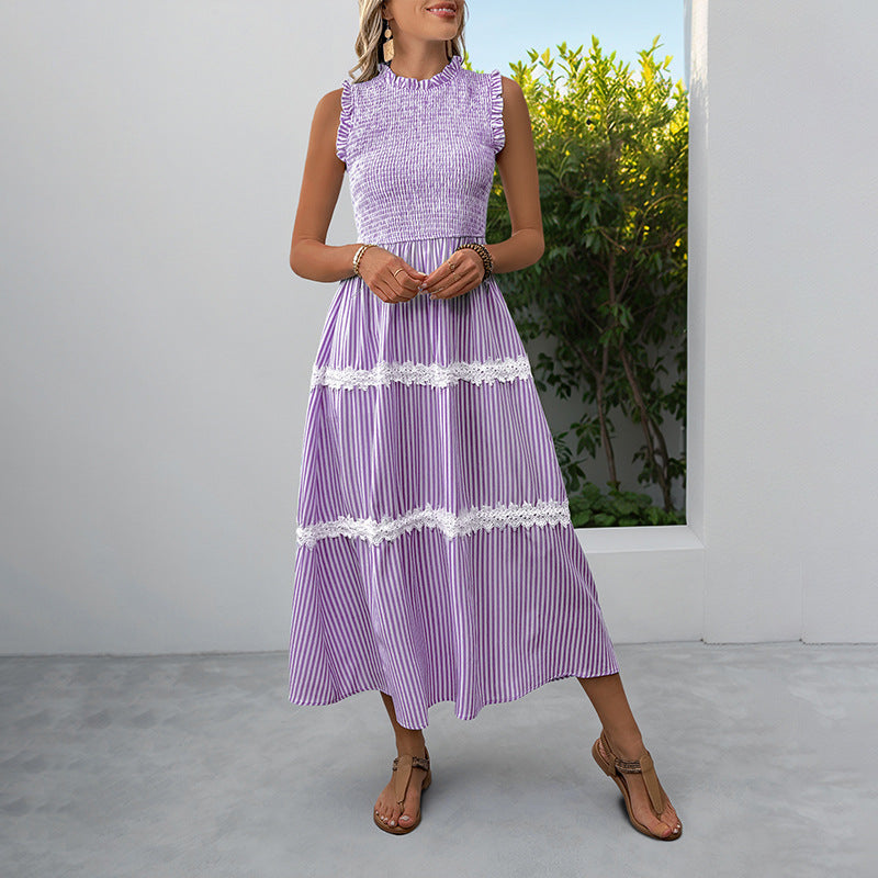 Damen Maxikleid Gestreift Voluminöse Rüschen Weiss