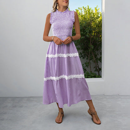Damen Maxikleid Gestreift Voluminöse Rüschen Weiss