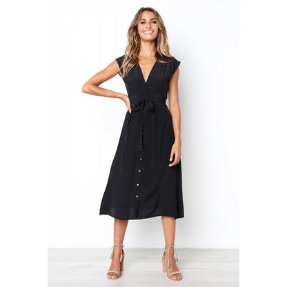 Damen Midi-Kleid V-Ausschnitt Taillengürtel Eveloria