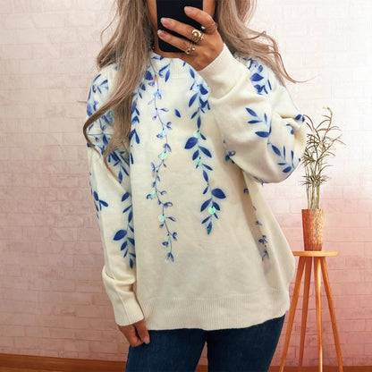 Damen Oversized-Pullover Floralmuster Kuschelstoff Beige