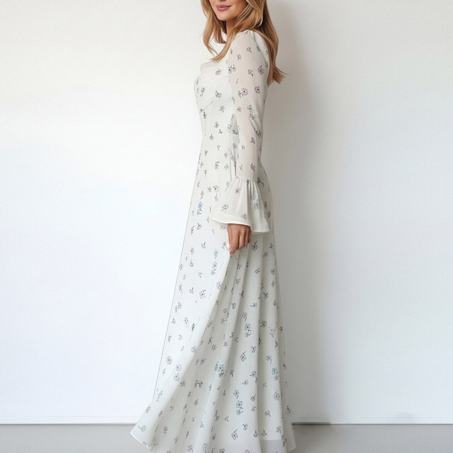 Damen Maxikleid mit Blumenapplikationen und Volumenärmeln