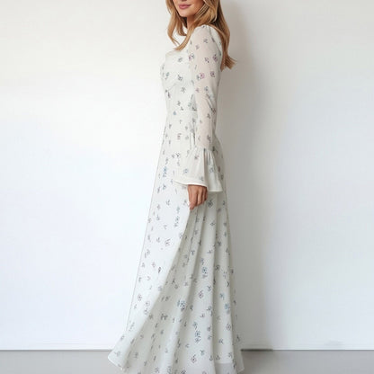 Damen Maxikleid mit Blumenapplikationen und Volumenärmeln