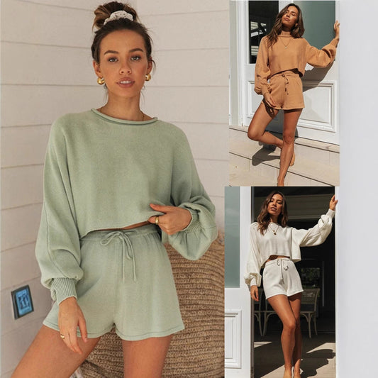 Damen Freizeit-Set Cropped Pullover und Shorts Grau - Eveloria