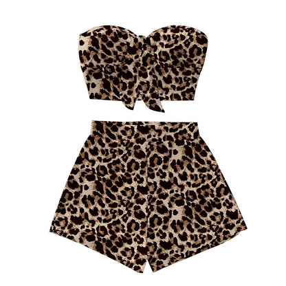Damen Leopardenmuster Bikini-Set Bandeau-Oberteil Shorty-Shorts