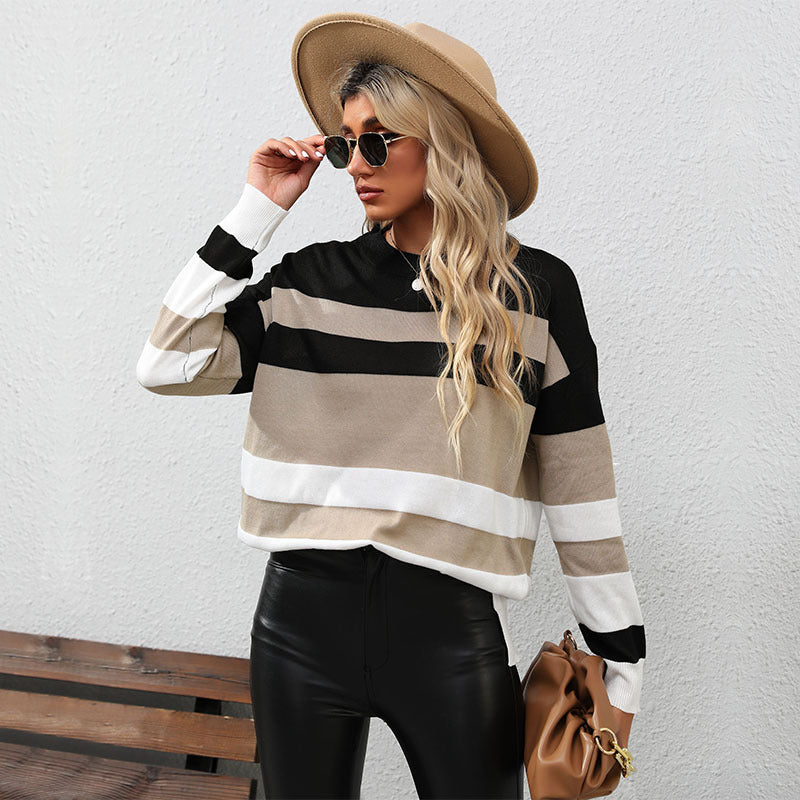 Damen Pullover Gestreift Lässiger Schnitt Kontrastdetails Eveloria