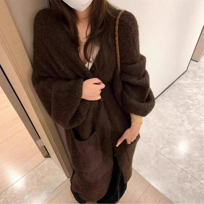 Damen Strickjacke Fluffig Weite Passform Große Taschen Beige