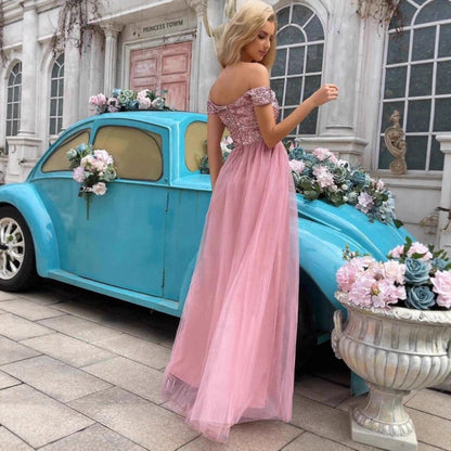 Damen Abendkleid Schimmerndes Oberteil Tüllrock Eveloria