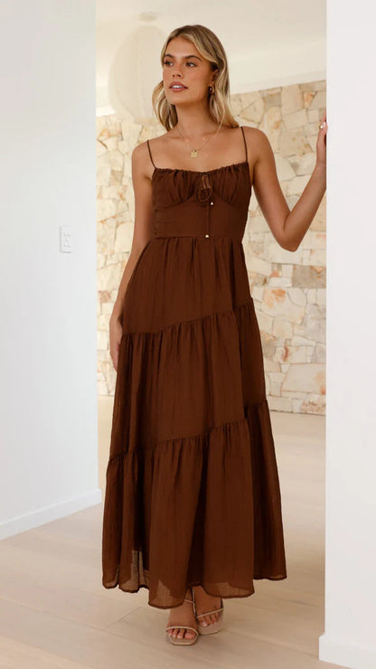 Damen Maxikleid Boho-Stil verstellbare Träger Volumöser Rock Eveloria