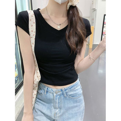 Damen T-Shirt V-Ausschnitt Figurbetont Weiss