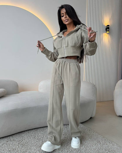 Damen Sportliches Zweiteiliges Set Cropped Hoodie Jogginghosen