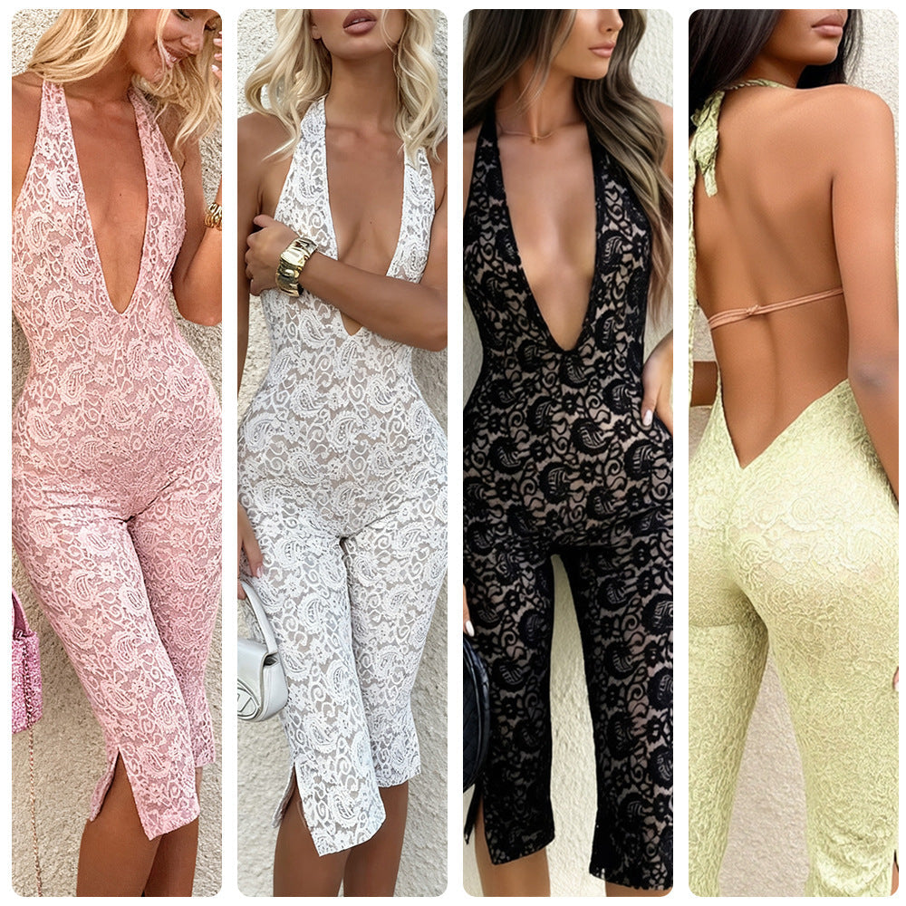 Damen Jumpsuit aus Spitze Tiefes Dekolleté Seitenschlitze Schwarz - Eveloria