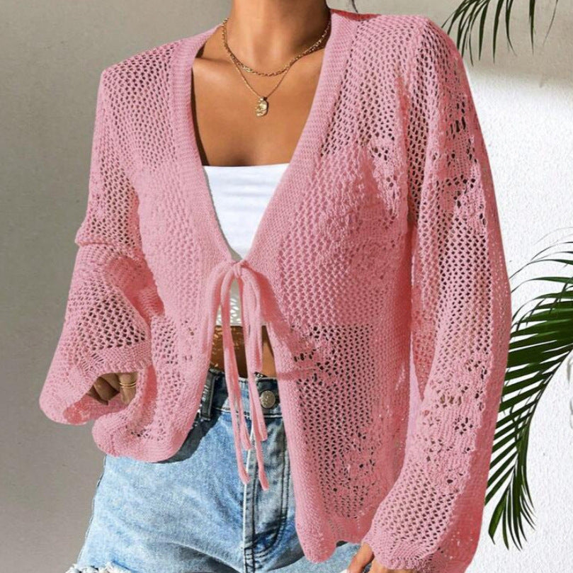 Damen Strickjacke Häkelstruktur Bindeverschluss Beige