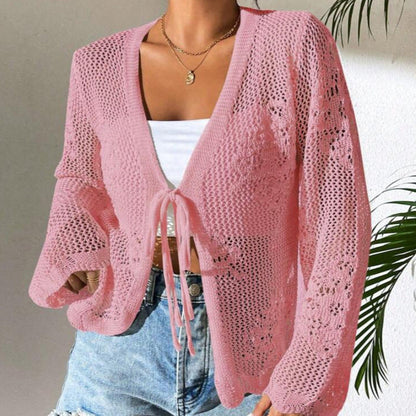 Damen Strickjacke Häkelstruktur Bindeverschluss Beige