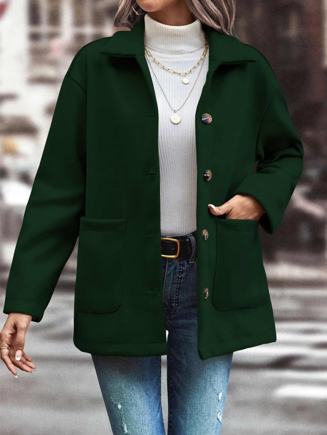 Damen Oversized-Jacke Knopfdetails Praktische Taschen Eveloria