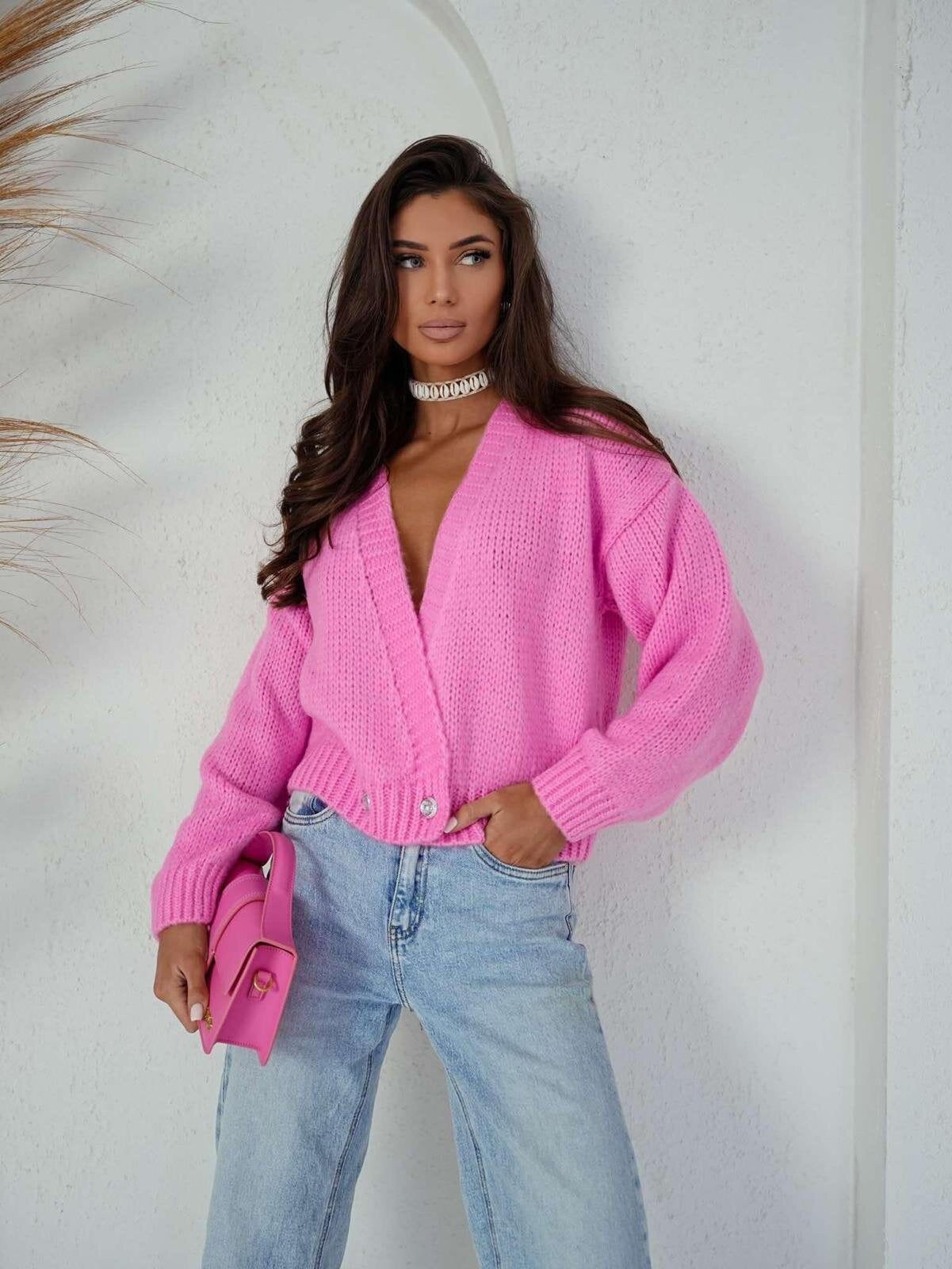 Damen Strickcardigan Weit Modisch Knöpfe Anthrazit
