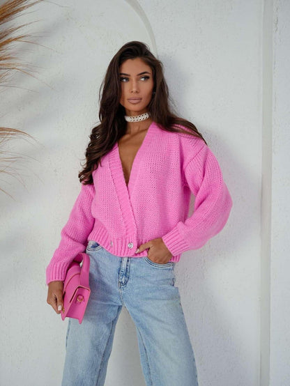 Damen Strickcardigan Weit Modisch Knöpfe Anthrazit