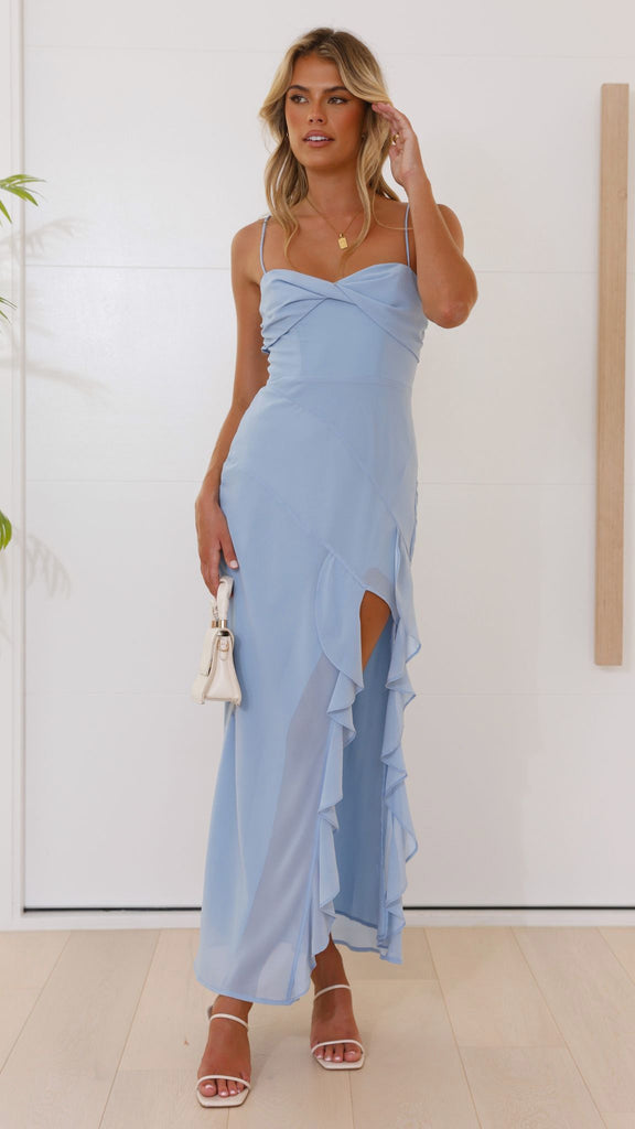 Damen Maxikleid Langarm Rüschen Details Hochschlitz Eveloria