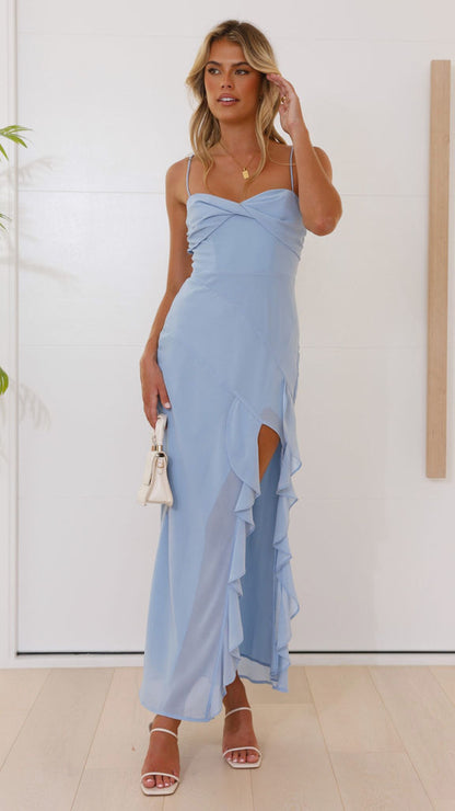 Damen Maxikleid Langarm Rüschen Details Hochschlitz Eveloria