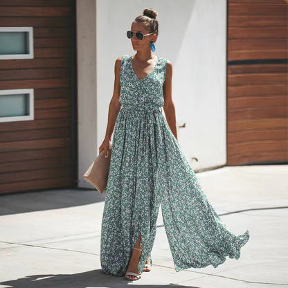 Damen Maxi-Kleid Floralmuster Hochschlitz Eveloria