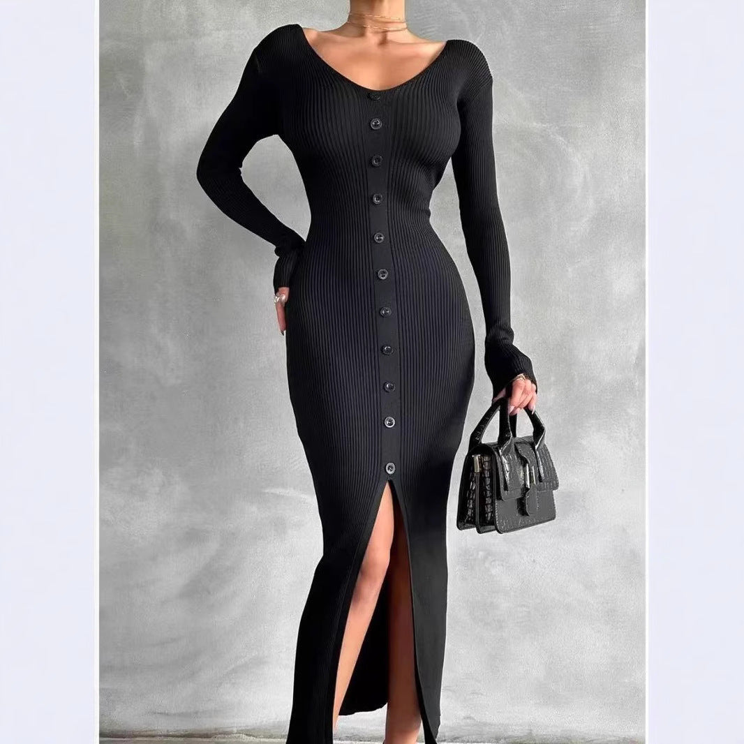 Damen Strickkleid Hochknöpfe Tiefes V Eveloria