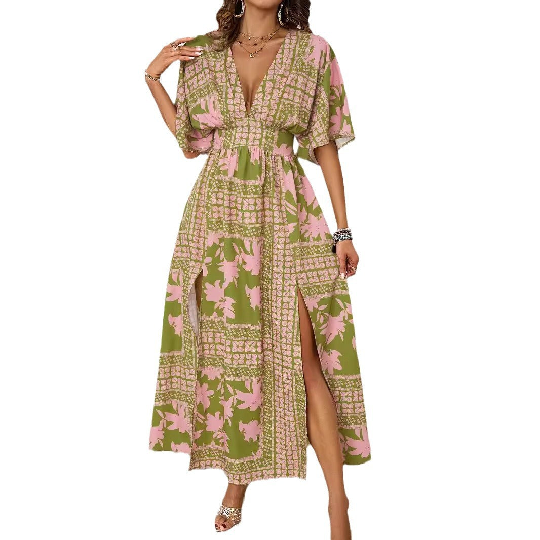 Damen Maxikleid V-Ausschnitt Seitenschlitz Eveloria