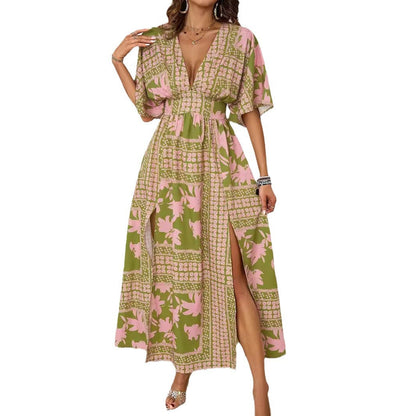 Damen Maxikleid V-Ausschnitt Seitenschlitz Eveloria