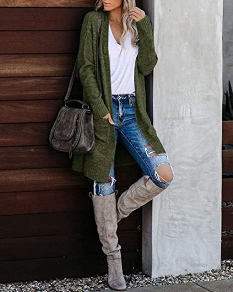Damen Grobstrick Cardigan Lässig Mit Taschen Beige