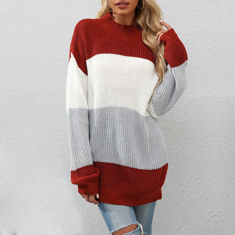 Damen Strickpullover Hoher Kragen Blockstreifen Eveloria