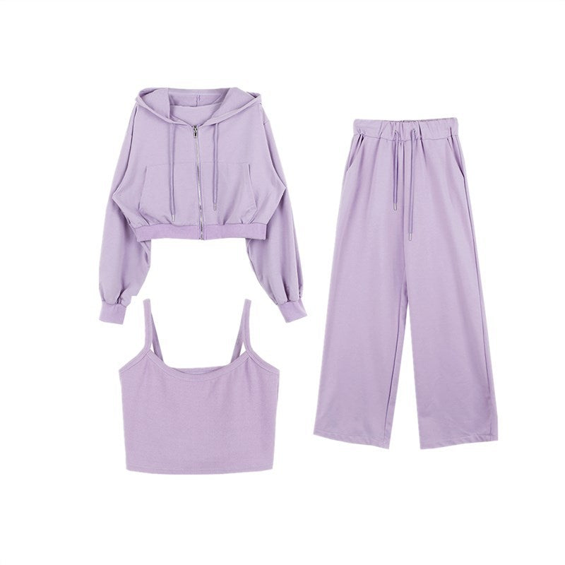 Damen Drei-Teiliges Set Cropped Hoodie Tanktop Weite Hose