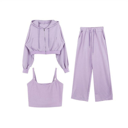 Damen Drei-Teiliges Set Cropped Hoodie Tanktop Weite Hose