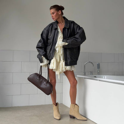Damen Lederjacke Oversized mit Dekorativen Taschen