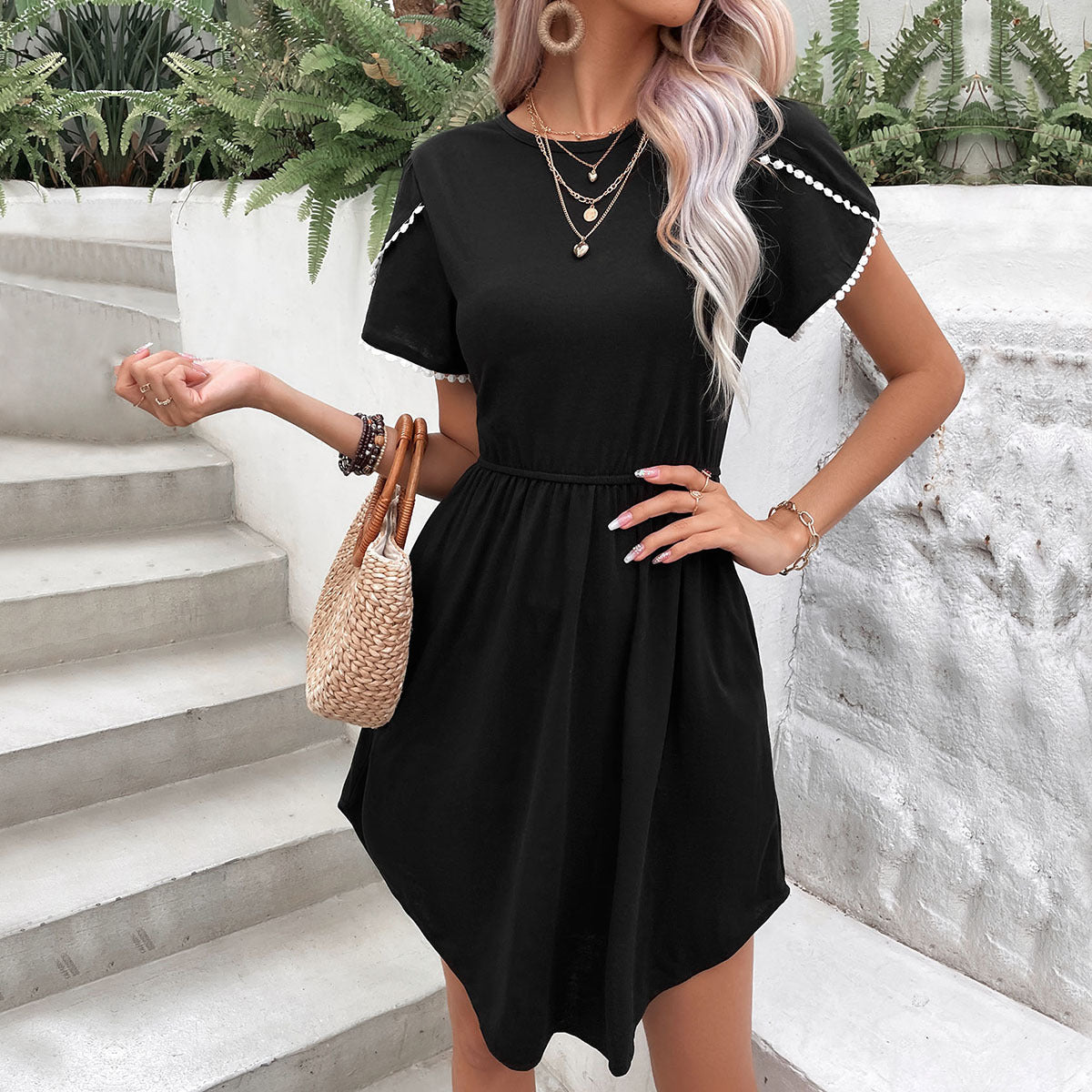 Damen Sommerkleid Elastischer Bund Dekorative Ärmel Details - Eveloria