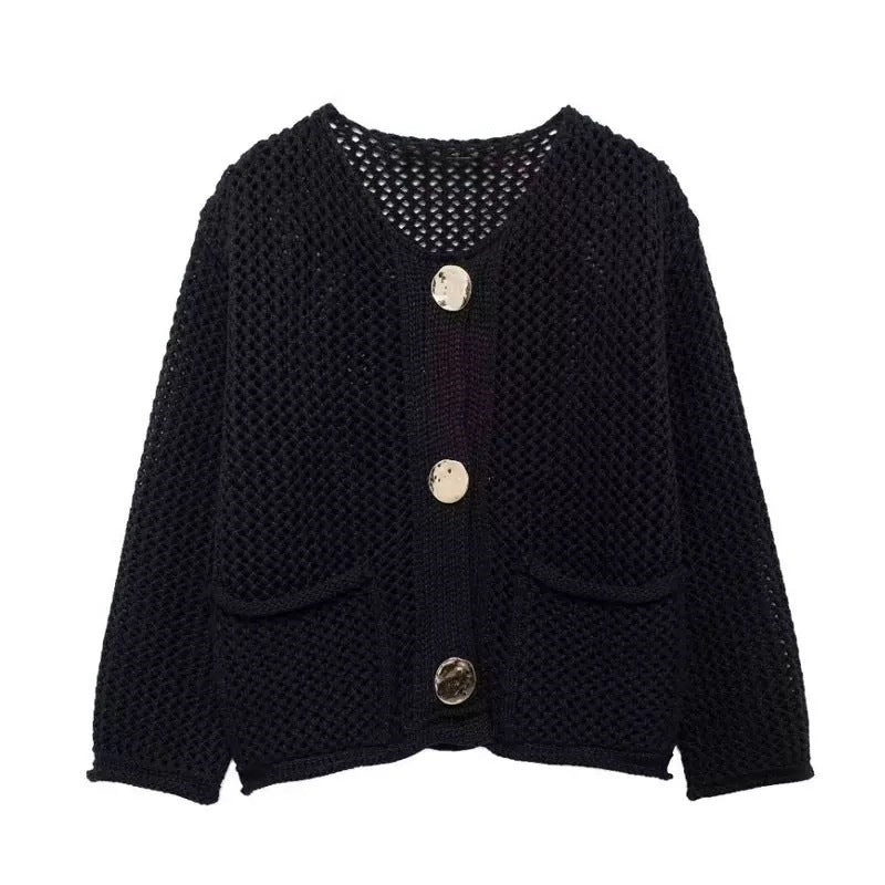 Damen Netzstrickjacke mit Taschen und Knöpfen Eveloria