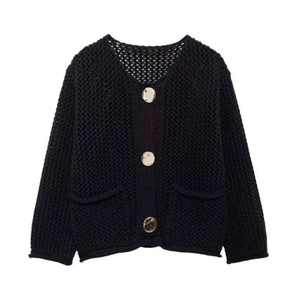 Damen Netzstrickjacke mit Taschen und Knöpfen Eveloria