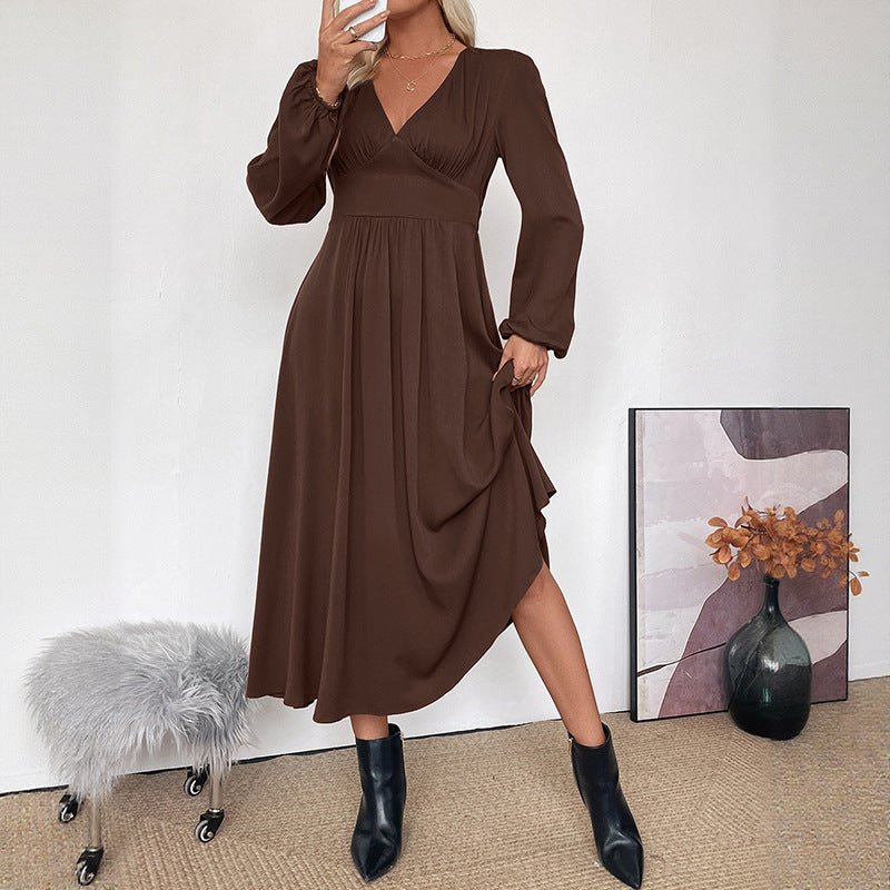 Damen Maxi-Kleid V-Ausschnitt Ballonärmel Eveloria