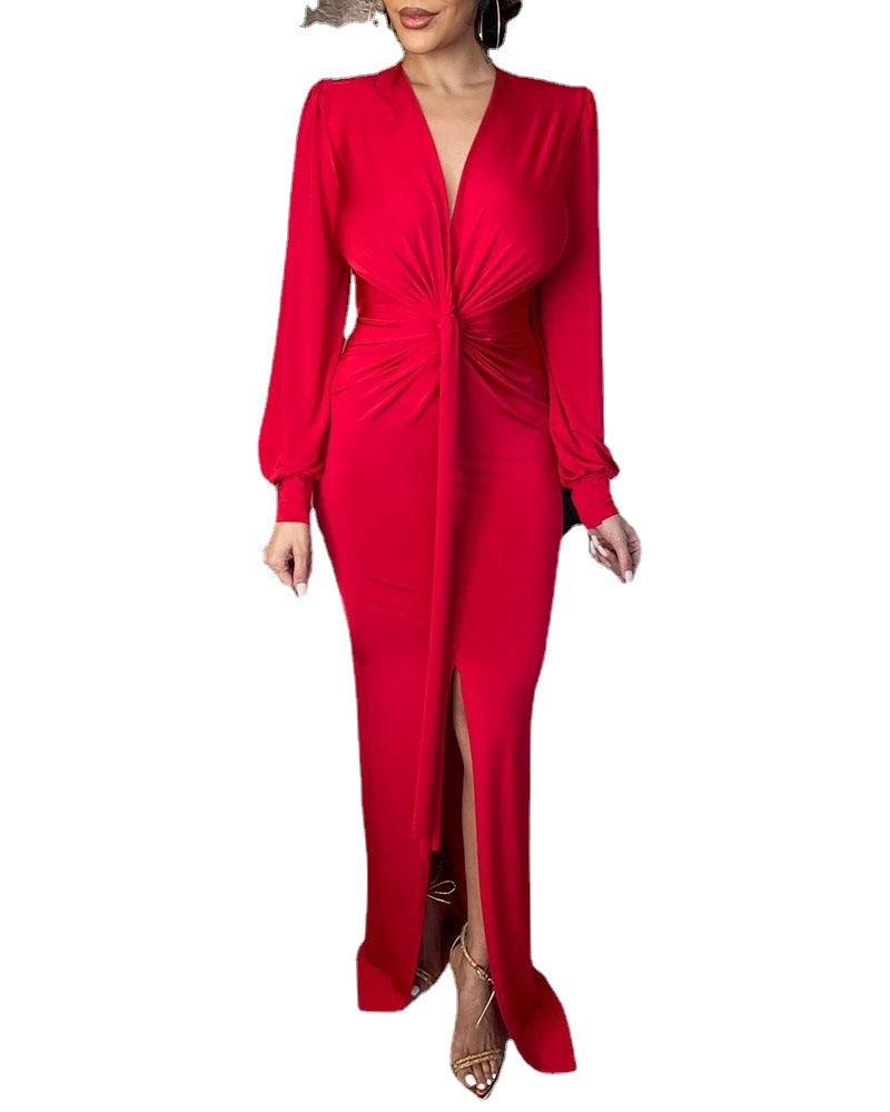 Damen Abendkleid V-Ausschnitt Schlitz Eveloria