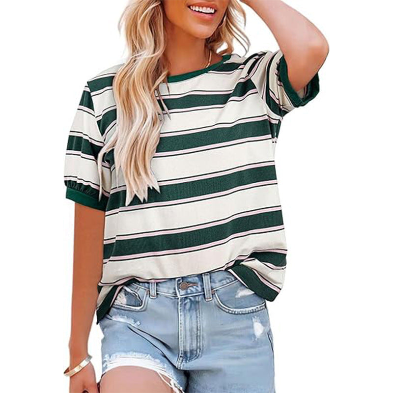 Damen T-Shirt Gestreift Rundhals Baumwolle Weiß/