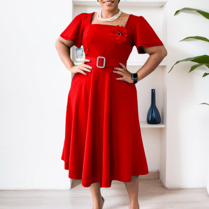 Damen Midi Kleid Geraffter Ausschnitt Breiter Gürtel Eveloria