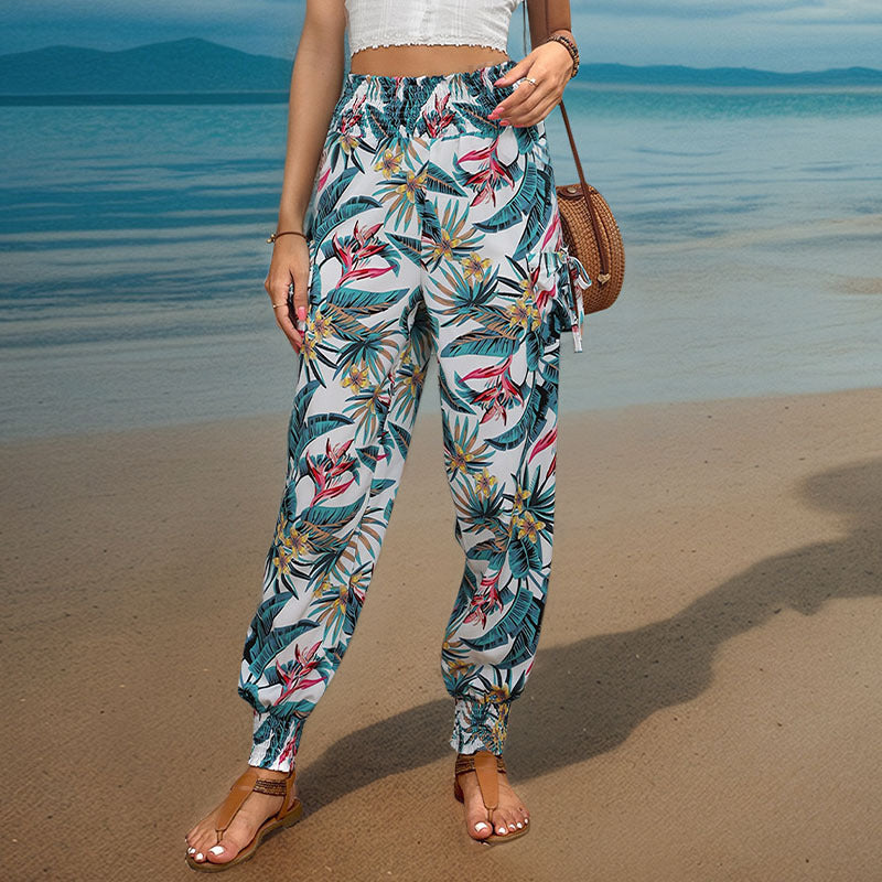 Damen Cargo-Hose Elastischer Bund Bunter Blätter-Print