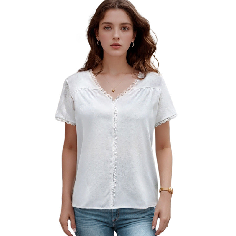 Damen Blusenshirt Luftig Spitze V-Ausschnitt Weiß