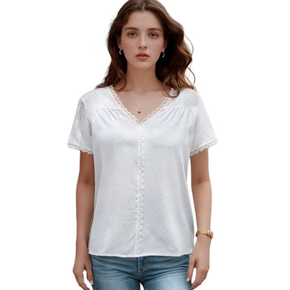Damen Blusenshirt Luftig Spitze V-Ausschnitt Weiß