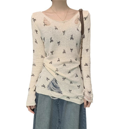 Damen Langarmshirt Risse Verspielt Motiv Eveloria