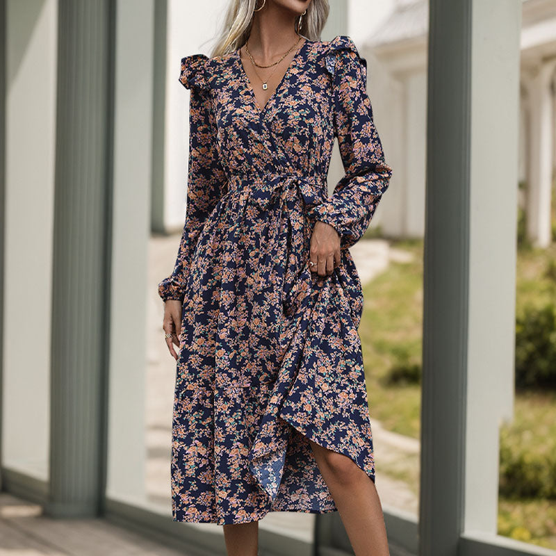Damen Midi-Kleid Floralmuster Rüschen Elegant - Eveloria
