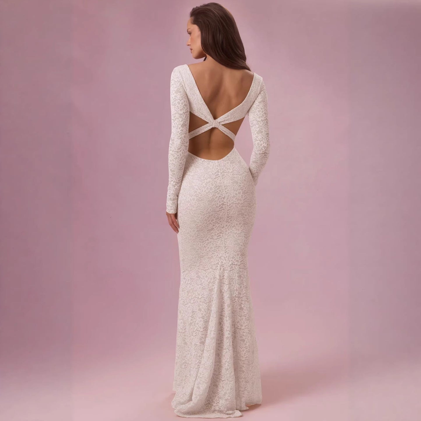 Damen Maxikleid Spitze Tailliert Langarm Eveloria