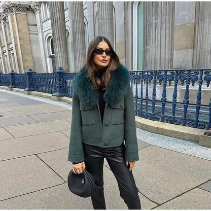 Damen Winterjacke Abnehmbarer Kunstfellkragen Schwarz Eveloria - Eveloria